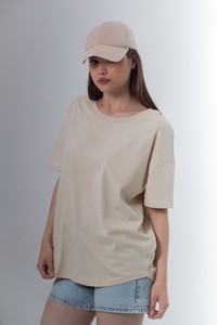 Kadın bisiklet yaka oversize pamuk t-shirt #2